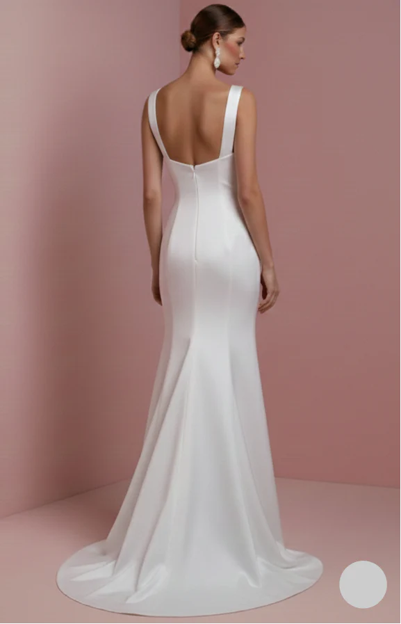Long Square Neck Wedding Dress Thick Strap Satin Classic - Image 3