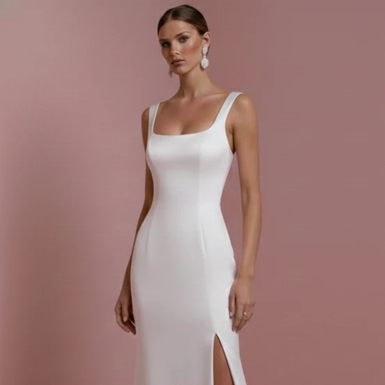 Long Square Neck Wedding Dress Thick Strap Satin Classic - Image 4