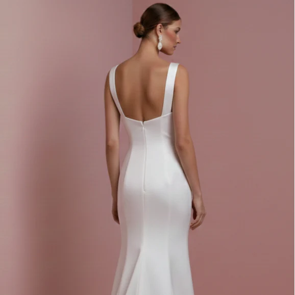 Long Square Neck Wedding Dress Thick Strap Satin Classic - Image 5