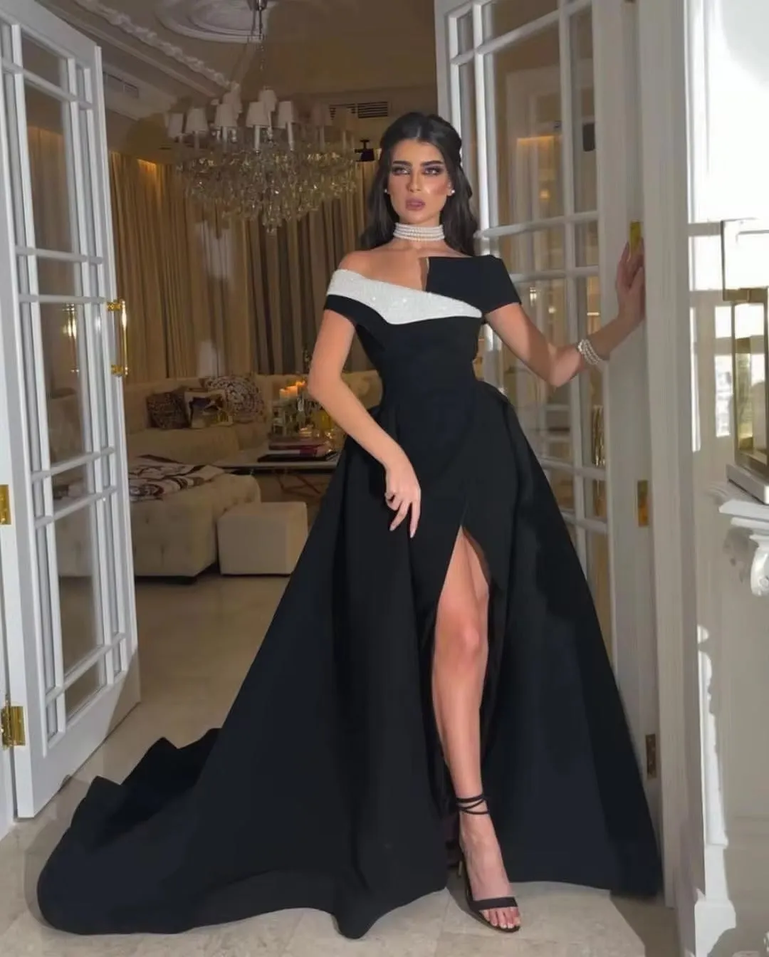 Black A Line Arabia Long Prom Dresses Off The Shoulder Prom Party Gowns Slit Side Formal Evening Dress with Train - Image 4