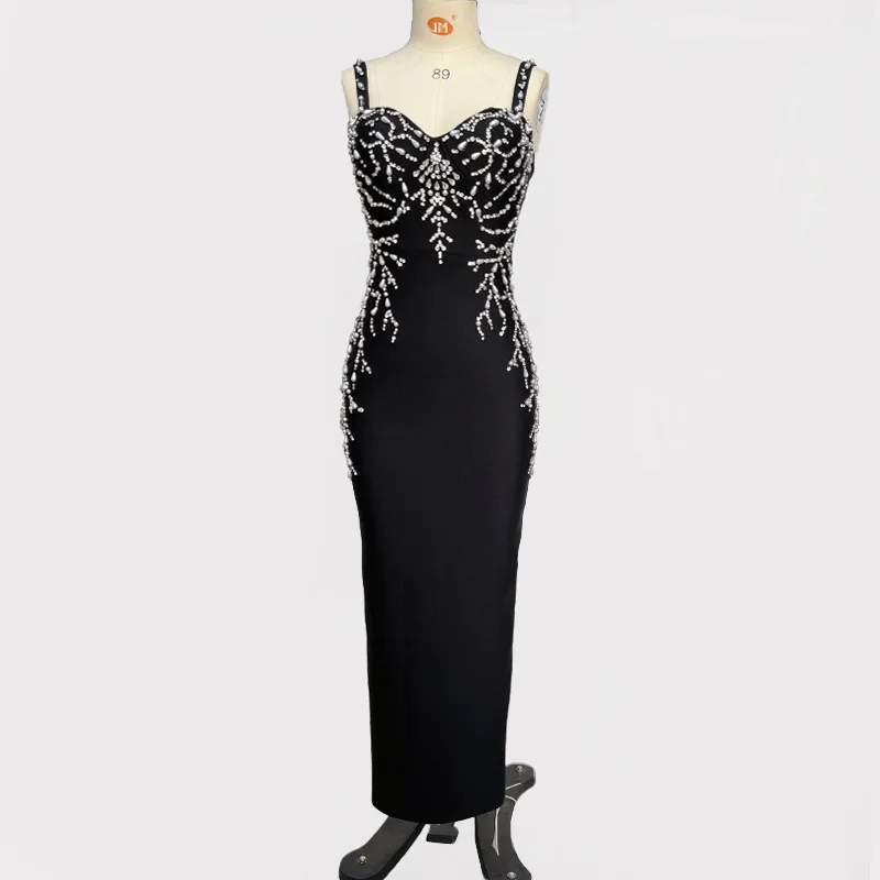 Black Color Celebrity Fashion Red Carpet Evening Dress Women Sleeveless Strap Shinning Crystal Bodycon Long Bandage Maxi Dress - Image 4