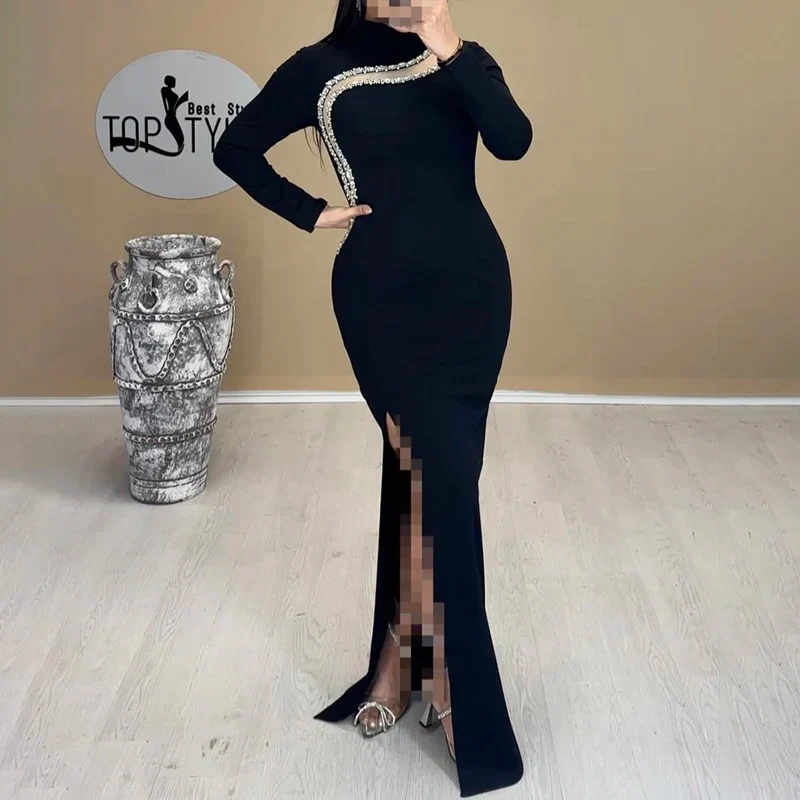 Black Color Women Long Sleeve Shinning Crystal Bodycon Bandage Long Dress Fashion Evening Party Celebrate Dress - Image 2