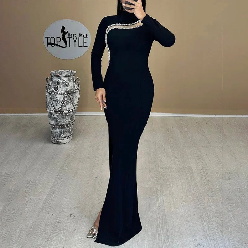 Black Color Women Long Sleeve Shinning Crystal Bodycon Bandage Long Dress Fashion Evening Party Celebrate Dress - Image 3