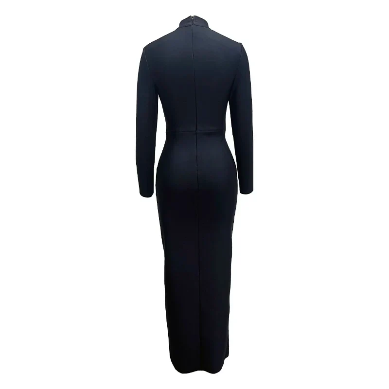 Black Color Women Long Sleeve Shinning Crystal Bodycon Bandage Long Dress Fashion Evening Party Celebrate Dress - Image 4