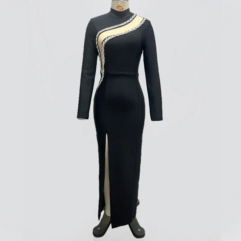 Black Color Women Long Sleeve Shinning Crystal Bodycon Bandage Long Dress Fashion Evening Party Celebrate Dress - Image 5