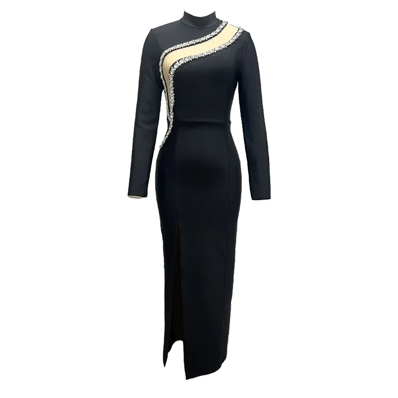 Black Color Women Long Sleeve Shinning Crystal Bodycon Bandage Long Dress Fashion Evening Party Celebrate Dress - Image 6