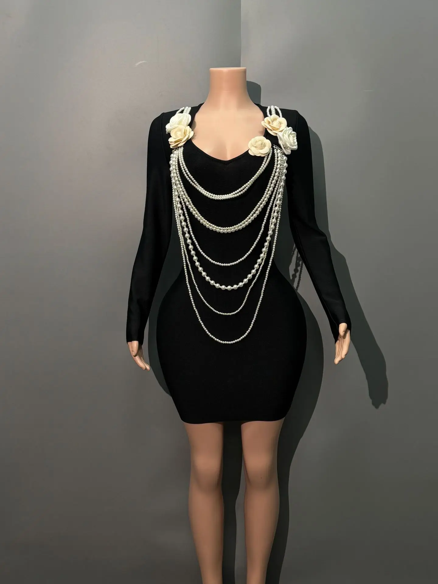 Black Color Women Long Sleeve Pearl Beading Bodycon Mini Bandage Dress Nightclub Party Celebrate Birthday Vacation Outfit - Image 2