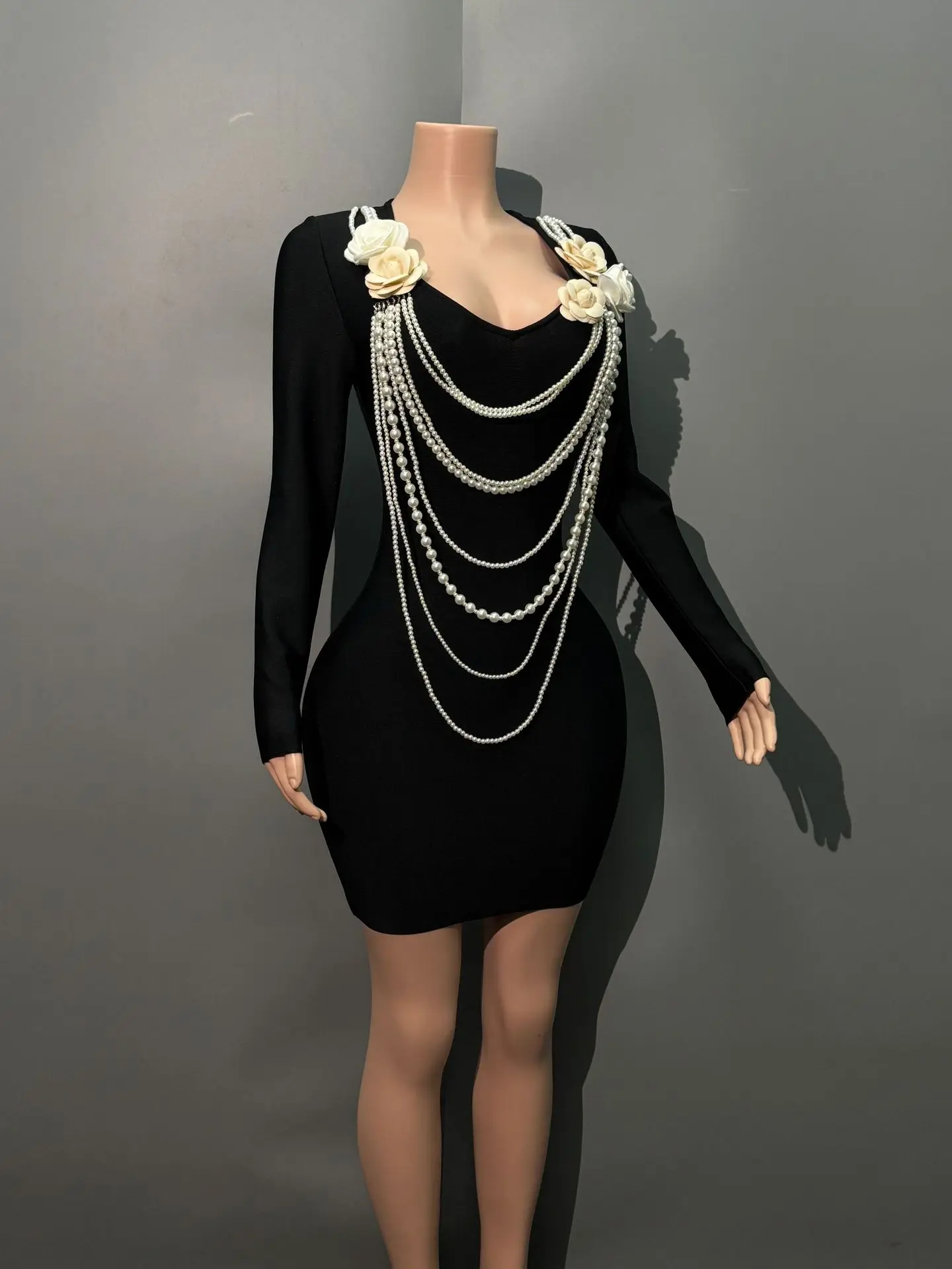 Black Color Women Long Sleeve Pearl Beading Bodycon Mini Bandage Dress Nightclub Party Celebrate Birthday Vacation Outfit - Image 3