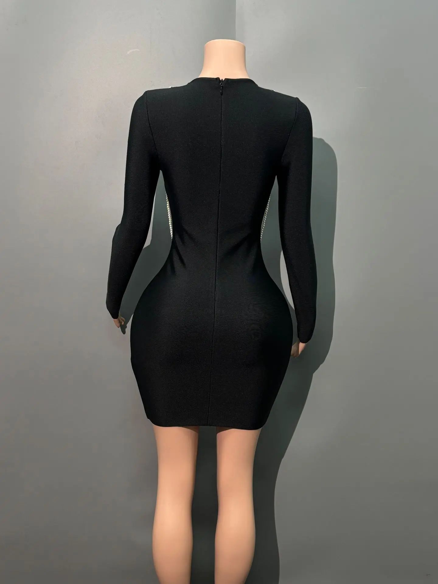 Black Color Women Long Sleeve Pearl Beading Bodycon Mini Bandage Dress Nightclub Party Celebrate Birthday Vacation Outfit - Image 4