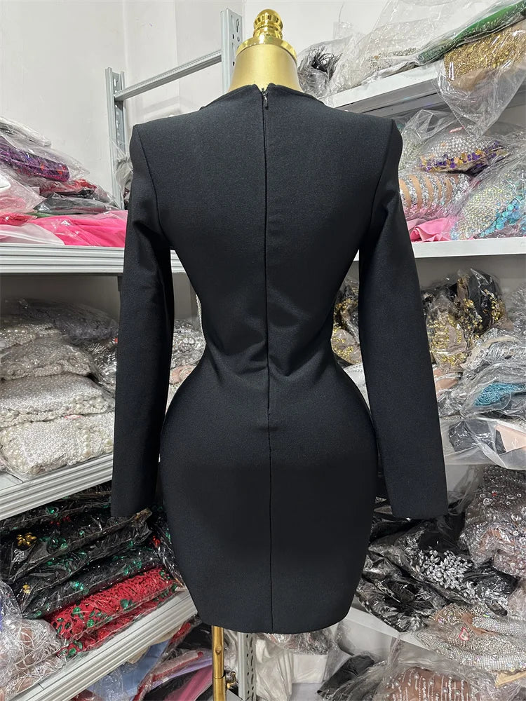 Black Color Women Long Sleeve Pearl Beading Bodycon Mini Bandage Dress Nightclub Party Celebrate Birthday Vacation Outfit - Image 5