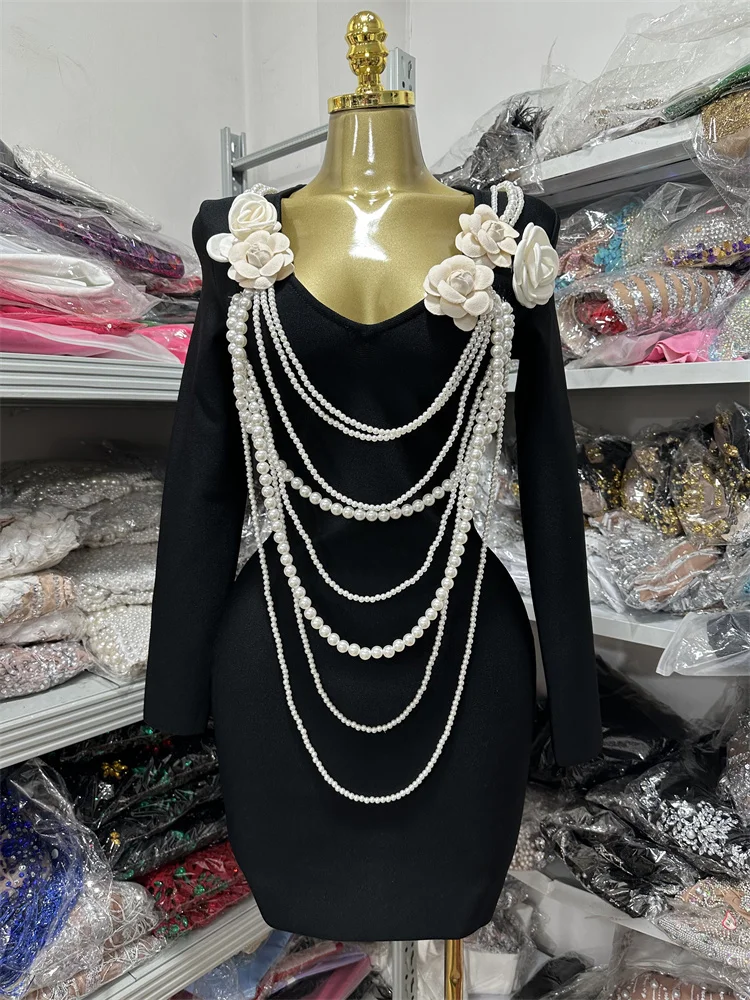 Black Color Women Long Sleeve Pearl Beading Bodycon Mini Bandage Dress Nightclub Party Celebrate Birthday Vacation Outfit - Image 6