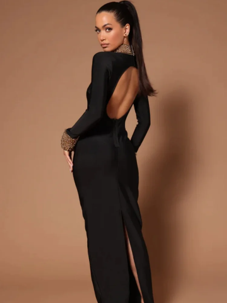 Black Color Women Long Sleeve Sexy Backless Golden Beading Bodycon Bandage Long Dress Fashion Celebrate Evening Party Dress - Image 2