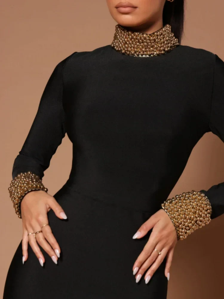 Black Color Women Long Sleeve Sexy Backless Golden Beading Bodycon Bandage Long Dress Fashion Celebrate Evening Party Dress - Image 4