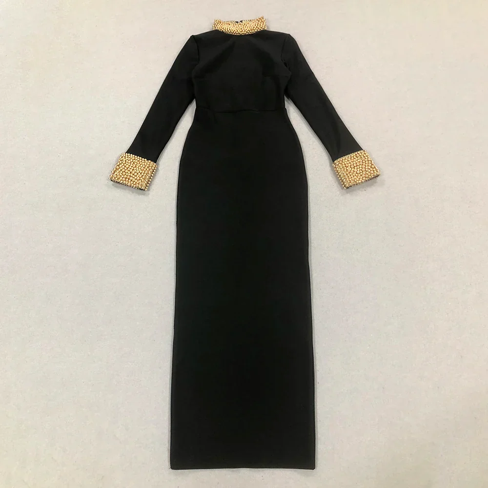 Black Color Women Long Sleeve Sexy Backless Golden Beading Bodycon Bandage Long Dress Fashion Celebrate Evening Party Dress - Image 5