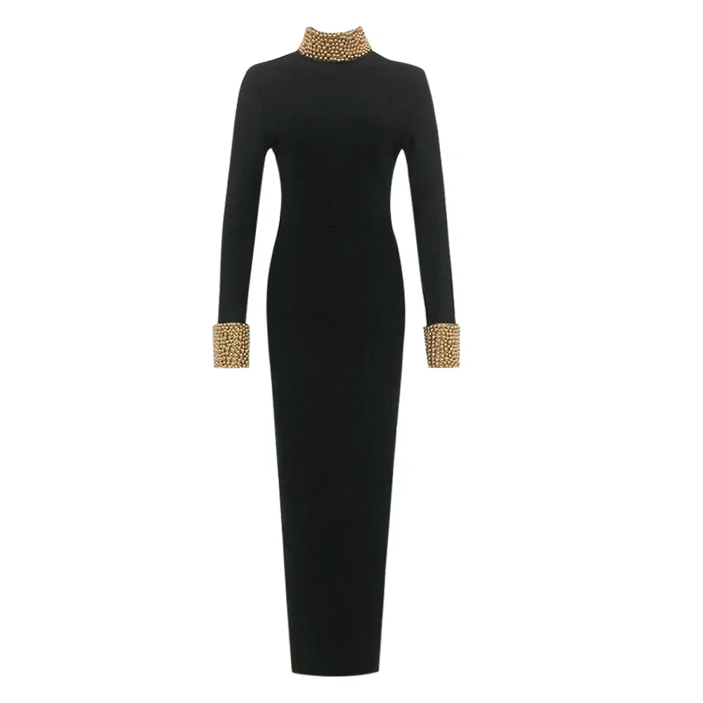 Black Color Women Long Sleeve Sexy Backless Golden Beading Bodycon Bandage Long Dress Fashion Celebrate Evening Party Dress - Image 6
