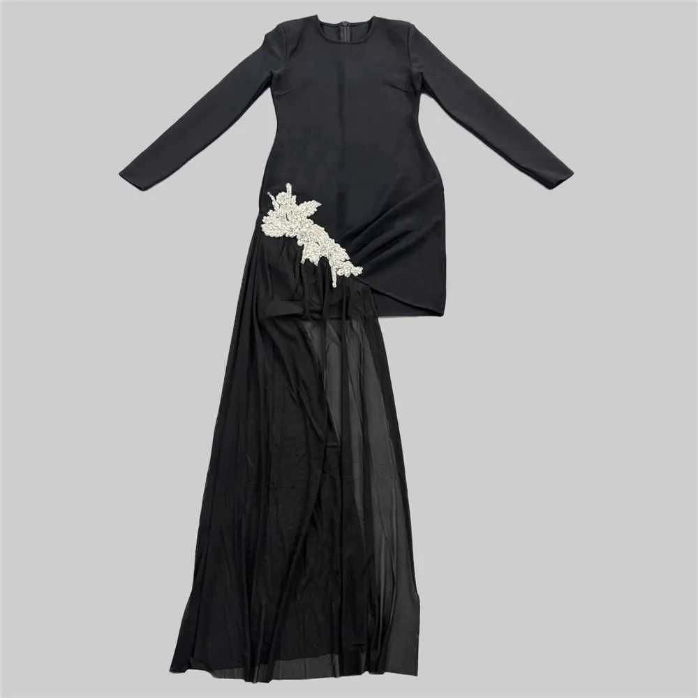 Black Color Women Long Sleeve Sexy Shinning Diamond Draped Bodycon Mini Dress Bandage Fashion Nightclub Party Outfit - Image 4