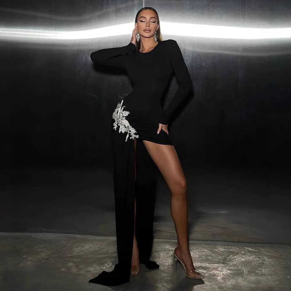 Black Color Women Long Sleeve Sexy Shinning Diamond Draped Bodycon Mini Dress Bandage Fashion Nightclub Party Outfit - Image 6