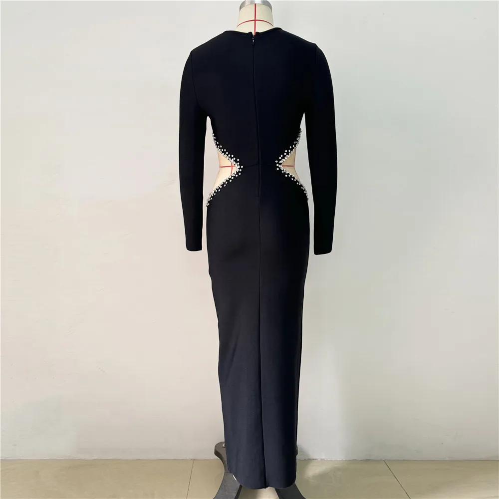 Black Color Women Long Sleeve Shinnign Crystal Waist Mesh Bodycon Bandage Long Dress Nightclub Party Celebrate Evening Dress - Image 3