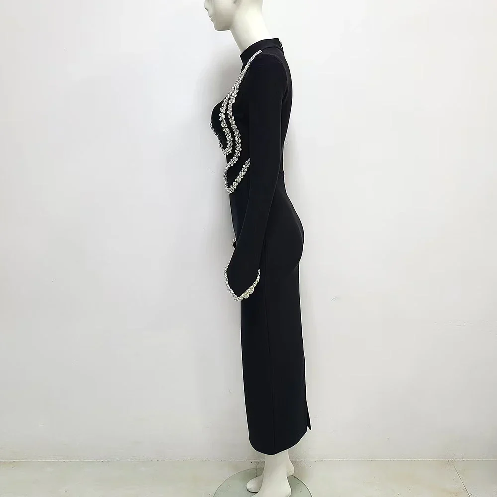 Black Color Women Long Sleeve Shinning Crystal Bodycon Bandage Long Dress Fashion Celebrate Evening Party Cocktail Dress - Image 3