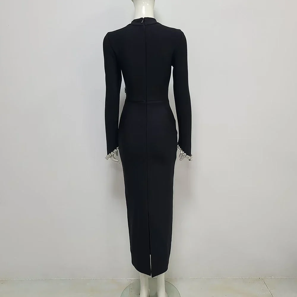 Black Color Women Long Sleeve Shinning Crystal Bodycon Bandage Long Dress Fashion Celebrate Evening Party Cocktail Dress - Image 4