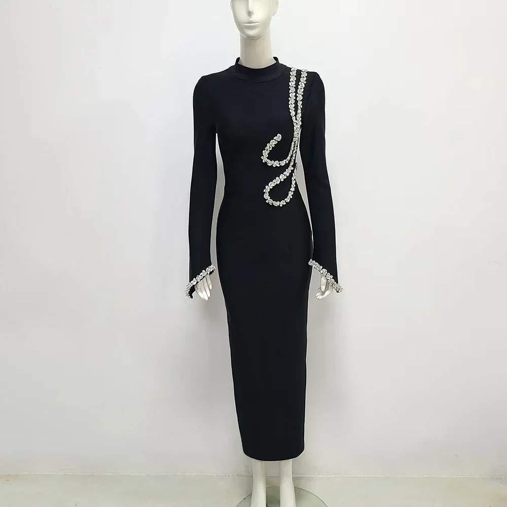 Black Color Women Long Sleeve Shinning Crystal Bodycon Bandage Long Dress Fashion Celebrate Evening Party Cocktail Dress - Image 6