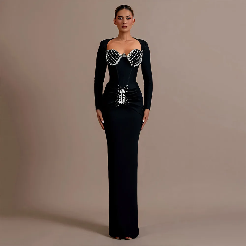 Black Color Women Long Sleeve Square Collar Shinning Crystal Bodycon Bandage Long Dress Celebrate Evening Party Prom Dress