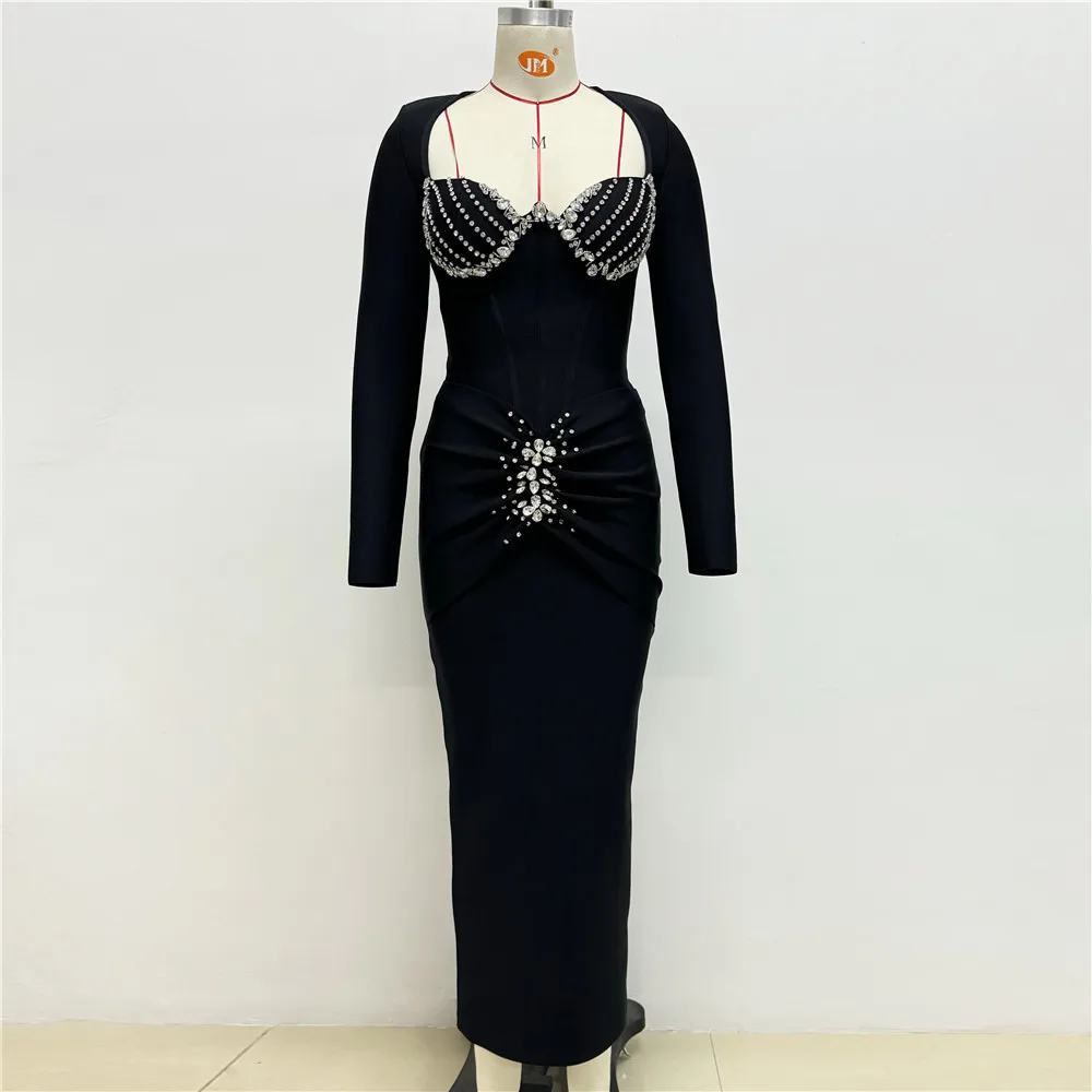 Black Color Women Long Sleeve Square Collar Shinning Crystal Bodycon Bandage Long Dress Celebrate Evening Party Prom Dress - Image 2