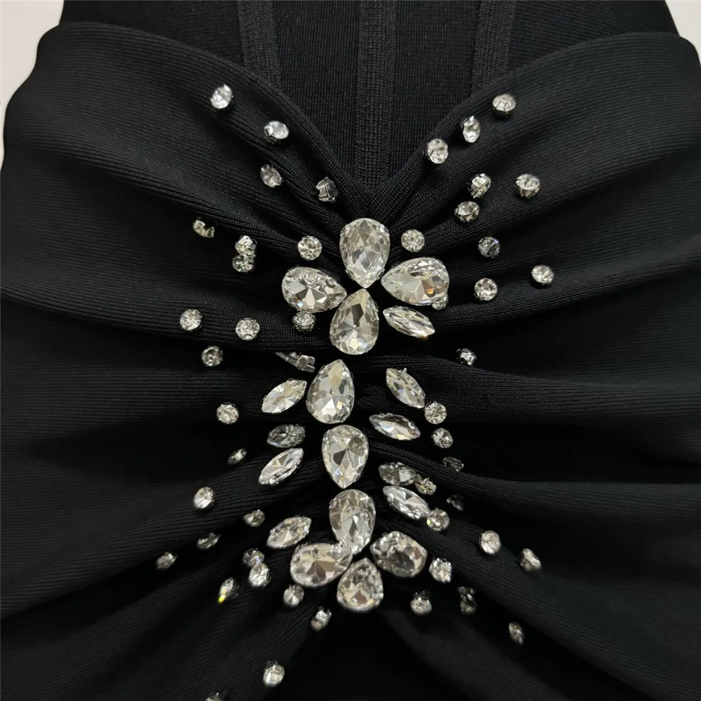 Black Color Women Long Sleeve Square Collar Shinning Crystal Bodycon Bandage Long Dress Celebrate Evening Party Prom Dress - Image 6