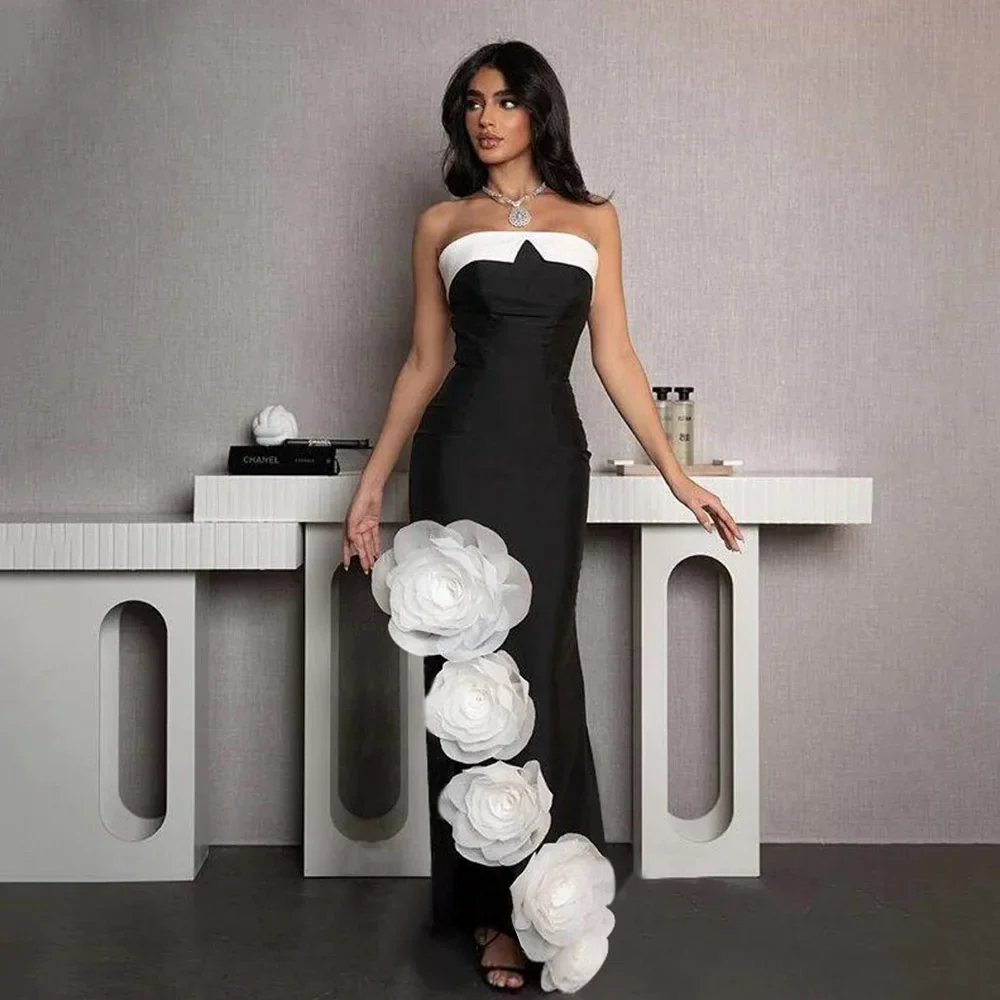 Black Color Women Sexy Off the Shoulder Bodycon Bandage Long Dress White Flowers Fashion Celebrate Evening Party Outfit