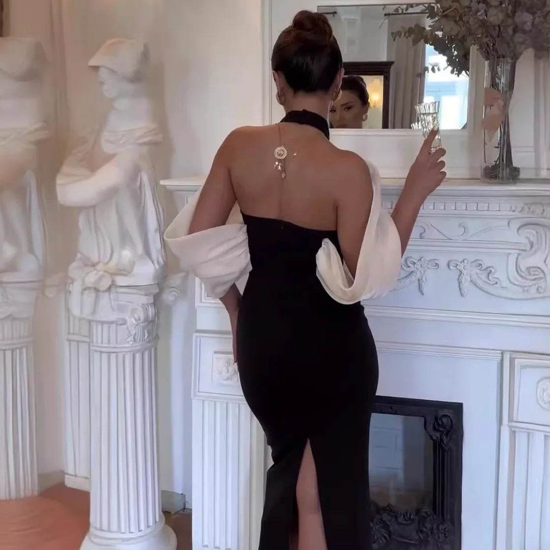 Black Color Women Sexy Off the Shoulder Florals Bodycon Mid-Calf Dress Birthday Party Celebrate Homecoming Dress Wholesale - Image 2