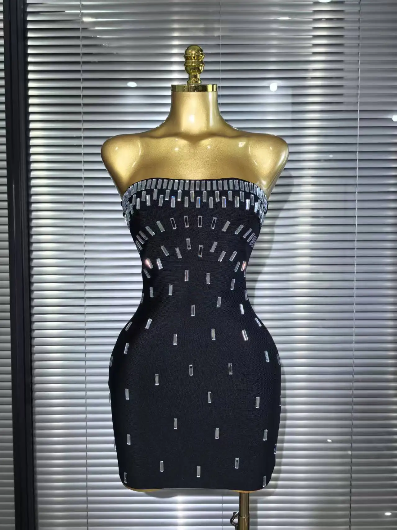 Black Color Women Sexy Strapless Shinning Crystal Bodycon Mini Bandage Dress Celebrate Nightclub Party Cocktail Outfit - Image 6
