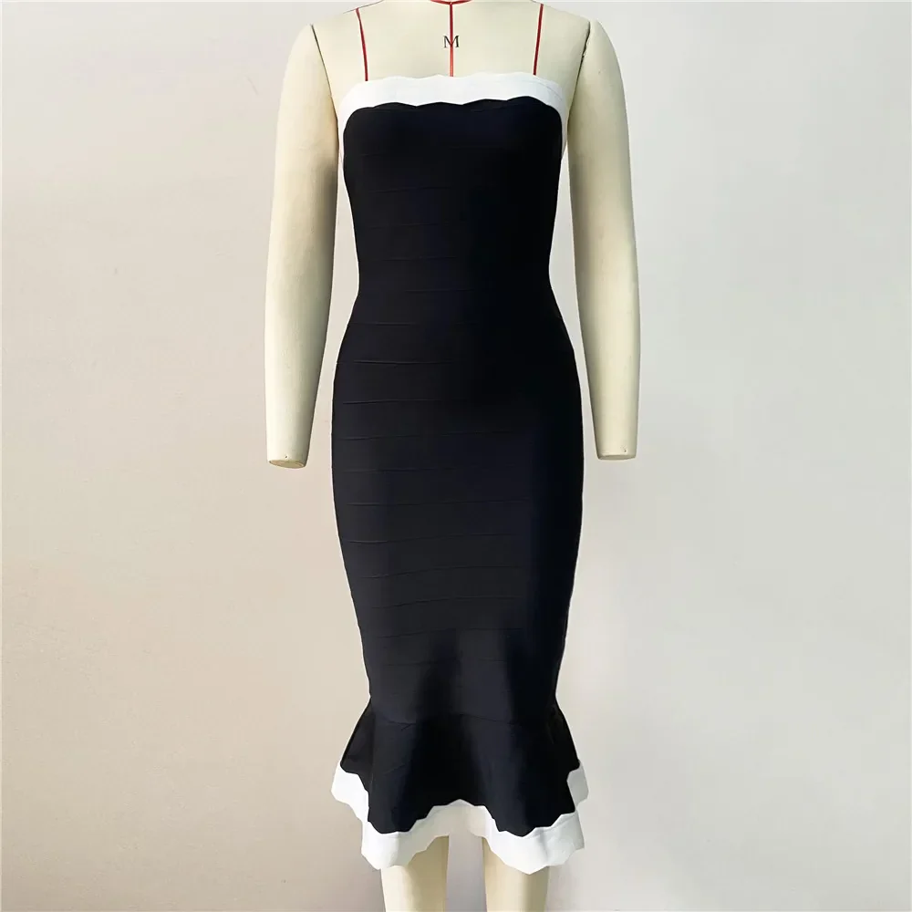 Black Color Women Sleeveless Sexy Strapless Bodycon Mermaid Bandage Mid-calf Dress Nightclub Party Birthday Cocktail Dress - Image 5
