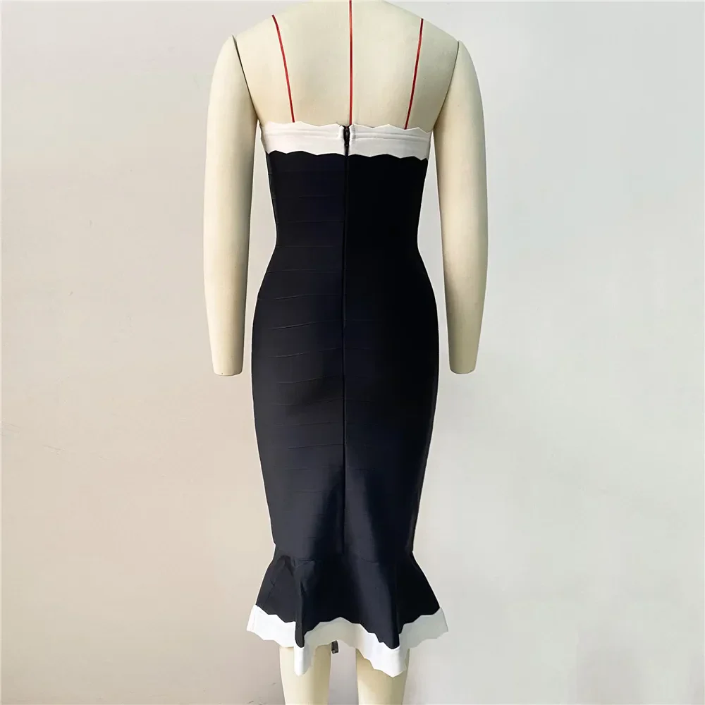 Black Color Women Sleeveless Sexy Strapless Bodycon Mermaid Bandage Mid-calf Dress Nightclub Party Birthday Cocktail Dress - Image 6