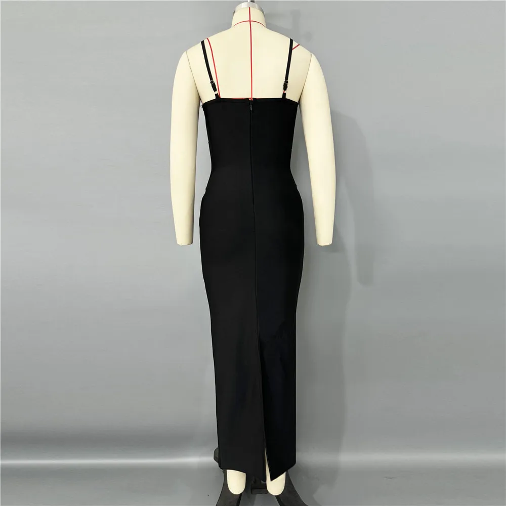 Black Color Women Sleeveless Sexy V-Neck Shinning Diamond Chain Bodycon Long Bandage Dress Evening Party Celebrate Outfit - Image 3