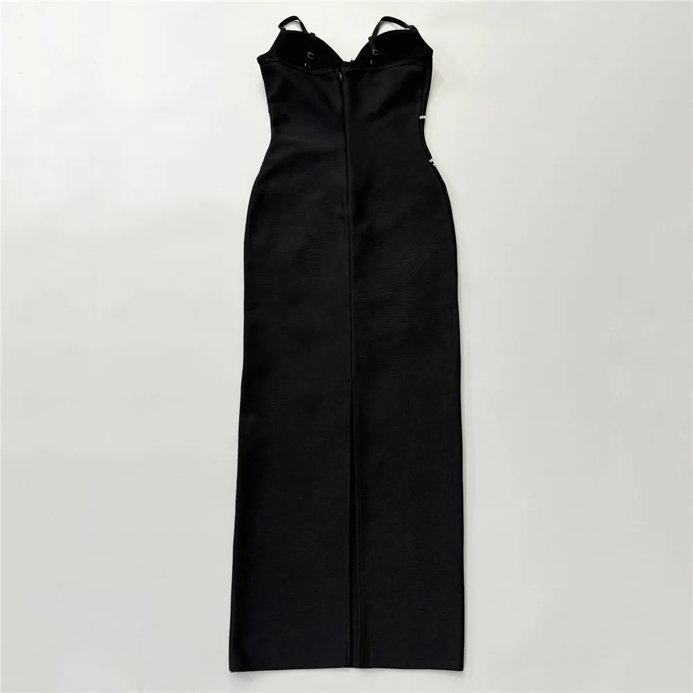 Black Color Women Sleeveless Sexy V-Neck Shinning Diamond Chain Bodycon Long Bandage Dress Evening Party Celebrate Outfit - Image 5