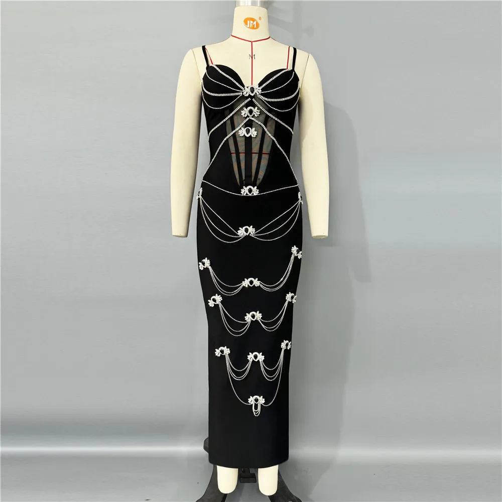 Black Color Women Sleeveless Sexy V-Neck Shinning Diamond Chain Bodycon Long Bandage Dress Evening Party Celebrate Outfit - Image 6
