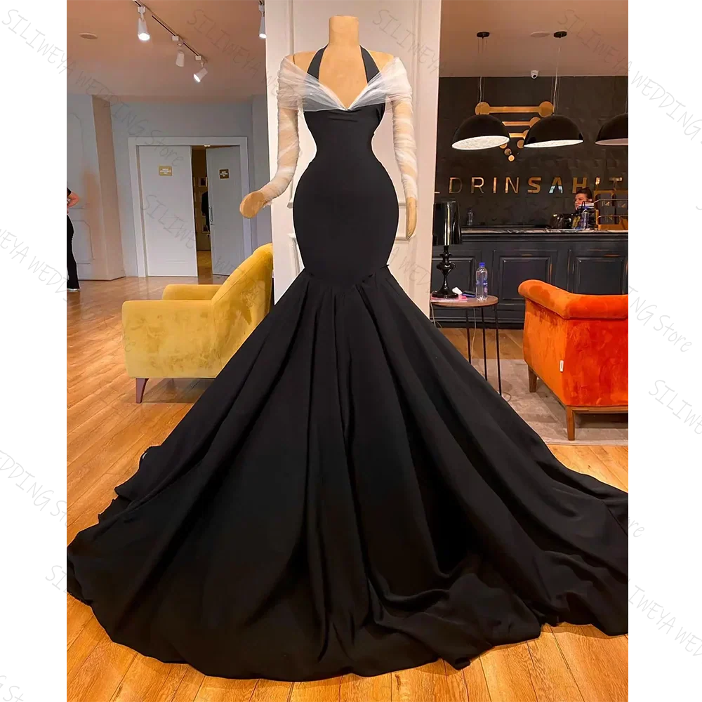Black Elegant Halter Neck Mermaid Evening Dresses Off-The-Shoulder Floor-Length White Sleeves Gown Custom Vestidos De Gala - Image 2