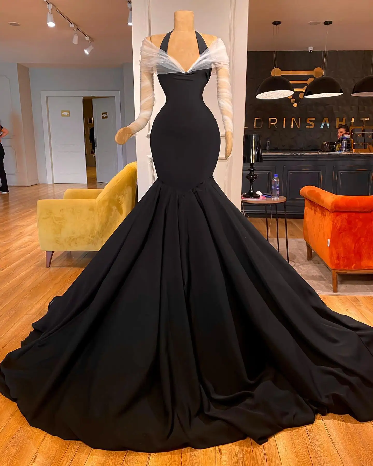 Black Elegant Halter Neck Mermaid Evening Dresses Off-The-Shoulder Floor-Length White Sleeves Gown Custom Vestidos De Gala - Image 7
