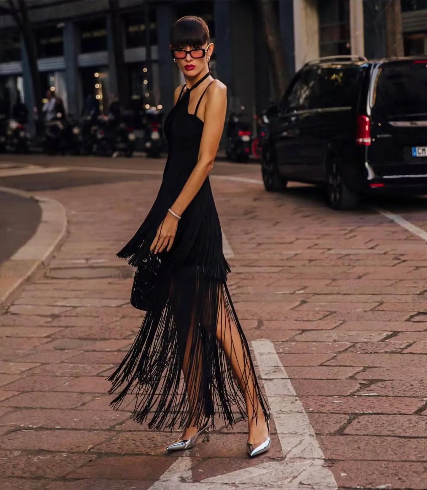 Black Green Women Sleeveless Sexy Strap V-Neck Bodycon Long Tassels Bandage Dress Celebrate Fashion Red Carpet Evening Dress - Image 2