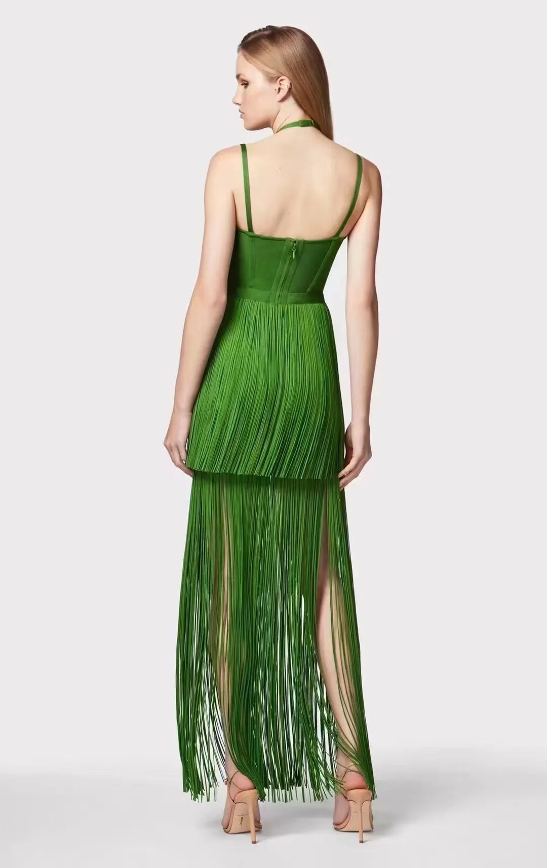 Black Green Women Sleeveless Sexy Strap V-Neck Bodycon Long Tassels Bandage Dress Celebrate Fashion Red Carpet Evening Dress - Image 5