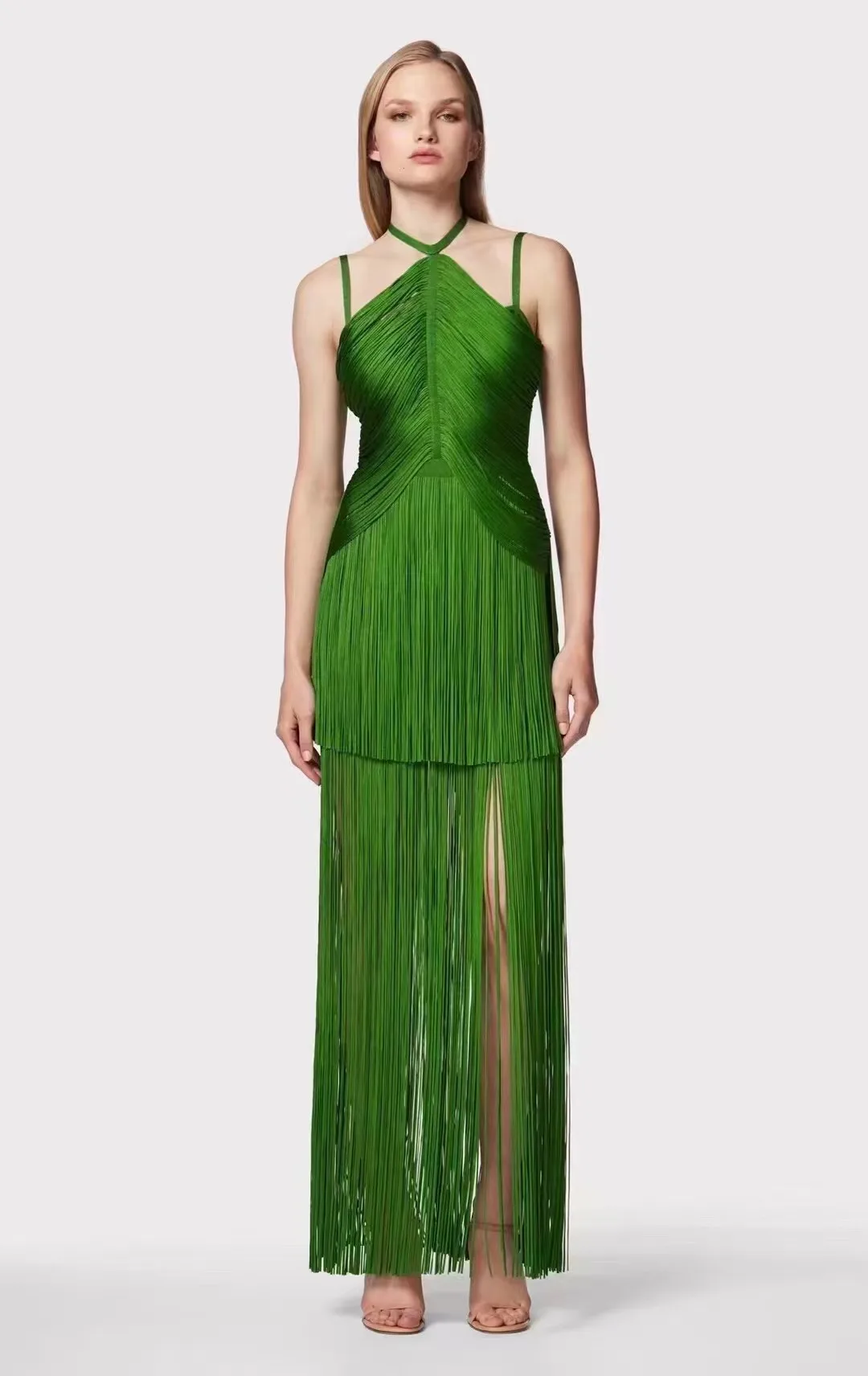 Black Green Women Sleeveless Sexy Strap V-Neck Bodycon Long Tassels Bandage Dress Celebrate Fashion Red Carpet Evening Dress - Image 6