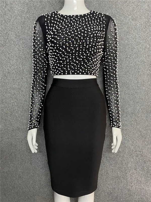 Black Khaki Color Ladies HL Bandage Dress Sexy 2 Pieces Bodycon Mini Dress Beading Tops Pencil Skirt Women's Set - Image 5