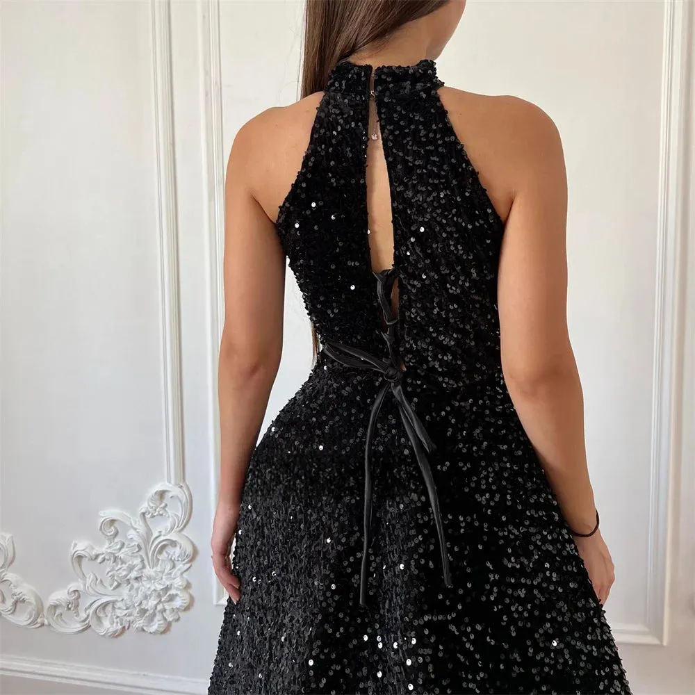 Black Knee-Length Glitter High Neck A-line Prom Dresses Elegant Sleeveless Shiny Sequins Formal Evening - Image 2
