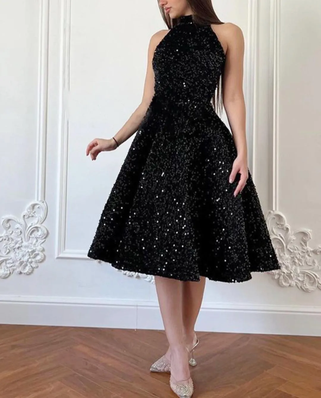 Black Knee-Length Glitter High Neck A-line Prom Dresses Elegant Sleeveless Shiny Sequins Formal Evening - Image 4
