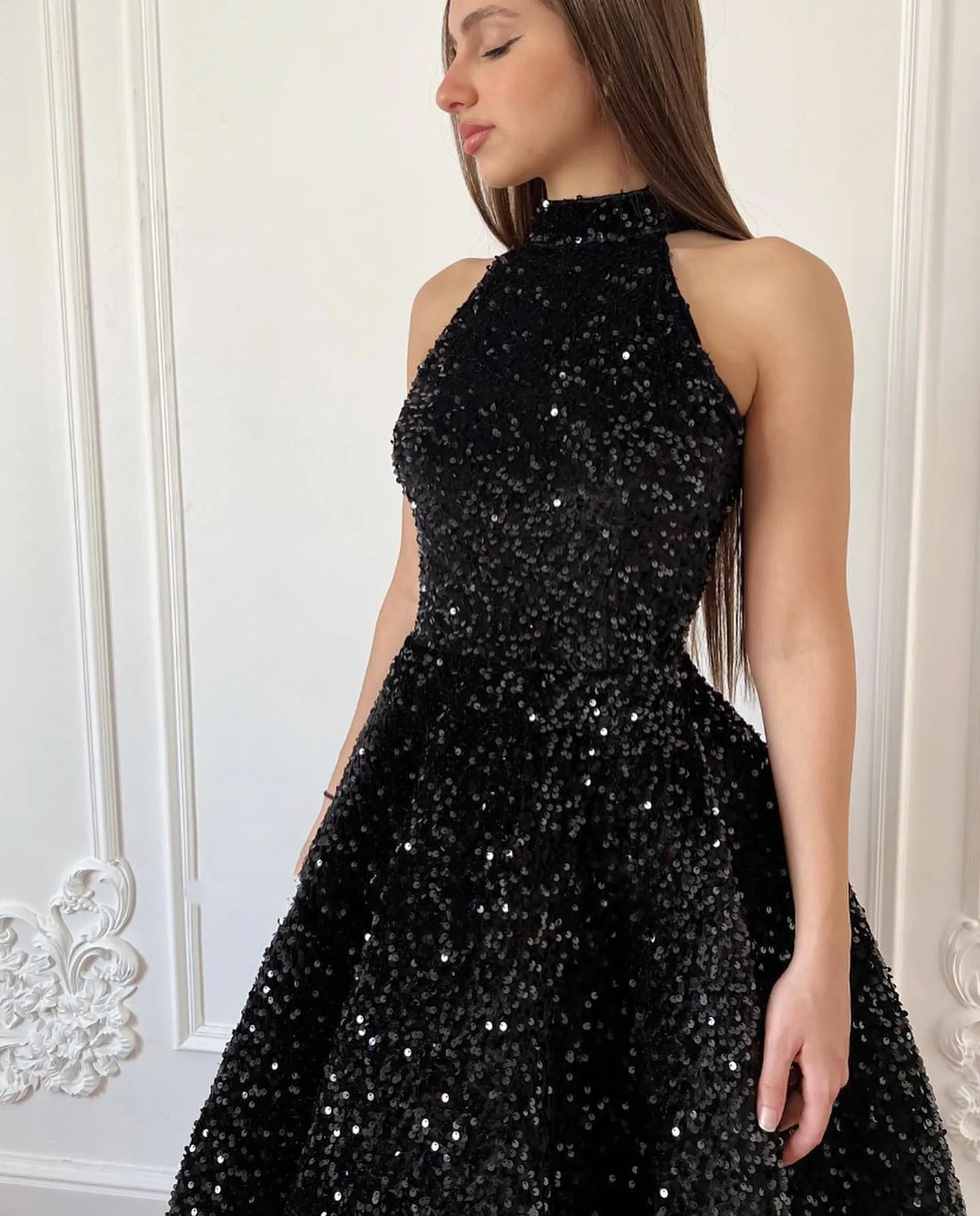 Black Knee-Length Glitter High Neck A-line Prom Dresses Elegant Sleeveless Shiny Sequins Formal Evening - Image 5