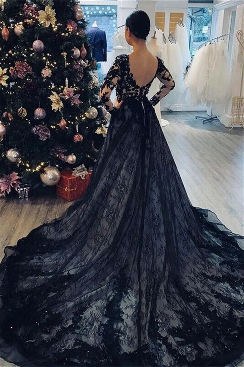 Black Lace Appliques Prom Dresses A-line Tulle Wedding Dress Elegant Long Sleeves Chapel Train V-Neck Vestidos De Fiesta - Image 3