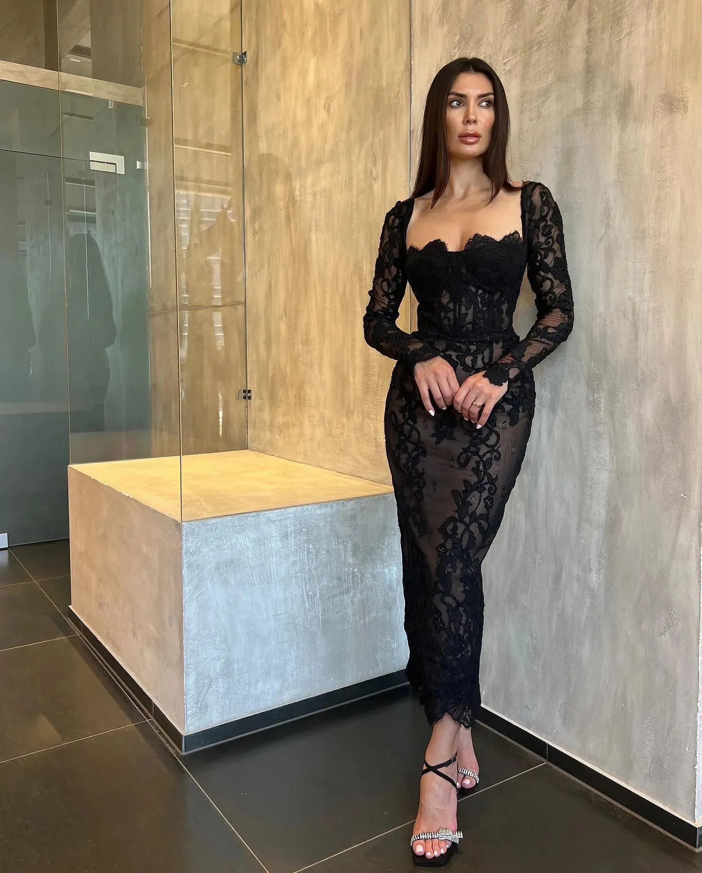 Black Lace Prom Dresses Mermaid Long Sleeves Formal Women Party Gowns Sexy Ankle Length Midi Evening Pageant Gown - Image 3