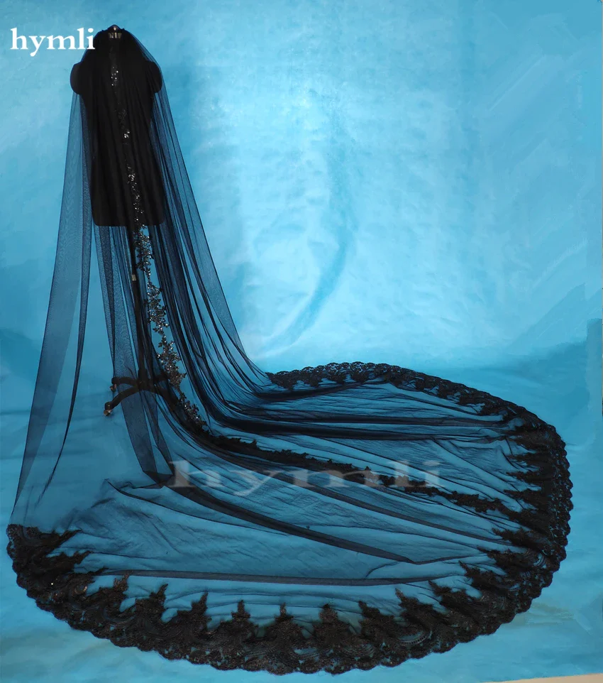 Black Long Veil 3.5 Meters Sequins Lace Wedding Veil Tulle Cathedral Veil Bridal Accessories Veils