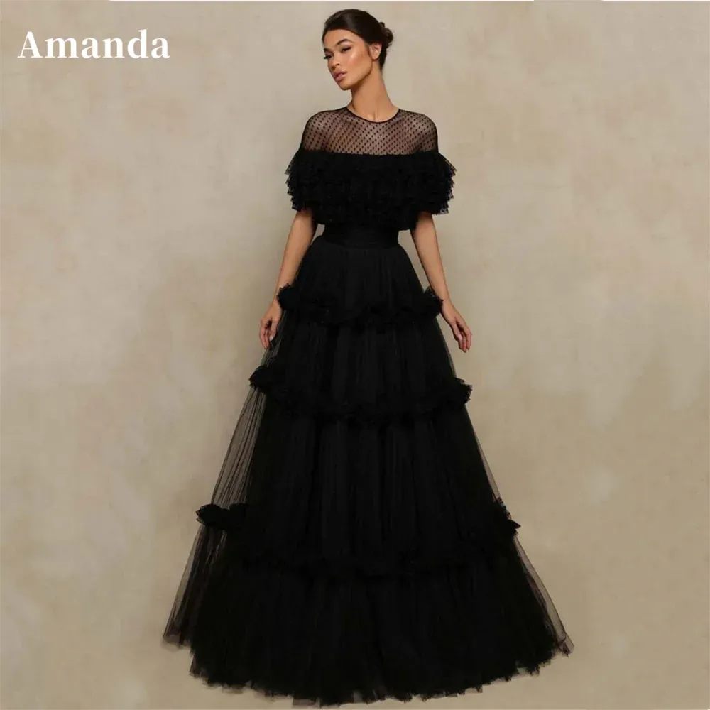 Black Multilaye Evening Dress Wave Point Prom Dress Sexy O-neck Party Dress Tulle A-line فساتين مناسبة رسمية - Image 5