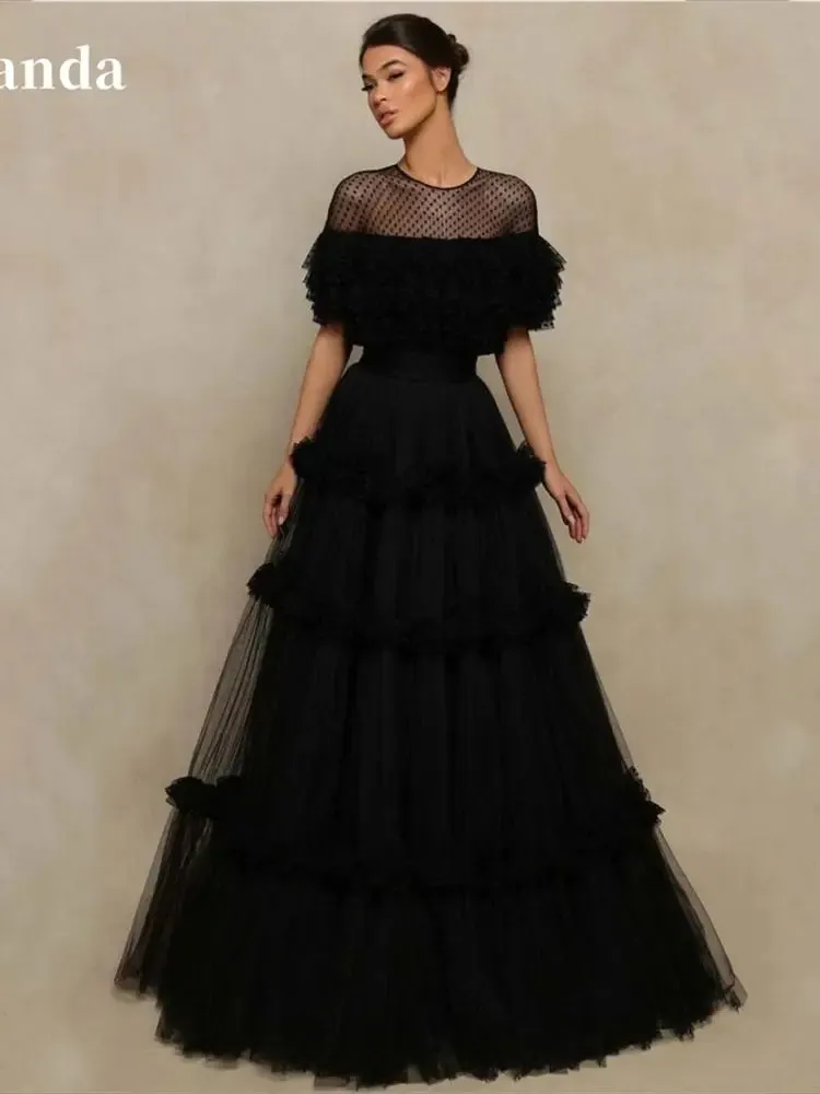 Black Multilaye Evening Dress Wave Point Prom Dress Sexy O-neck Party Dress Tulle A-line فساتين مناسبة رسمية - Image 8